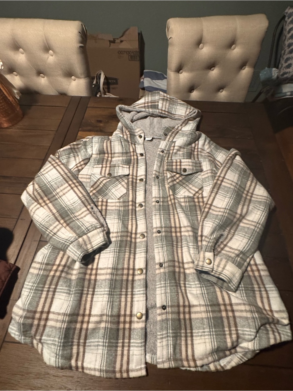 Plaid Hooded Utility Jacket in Cream, Gray & Brown